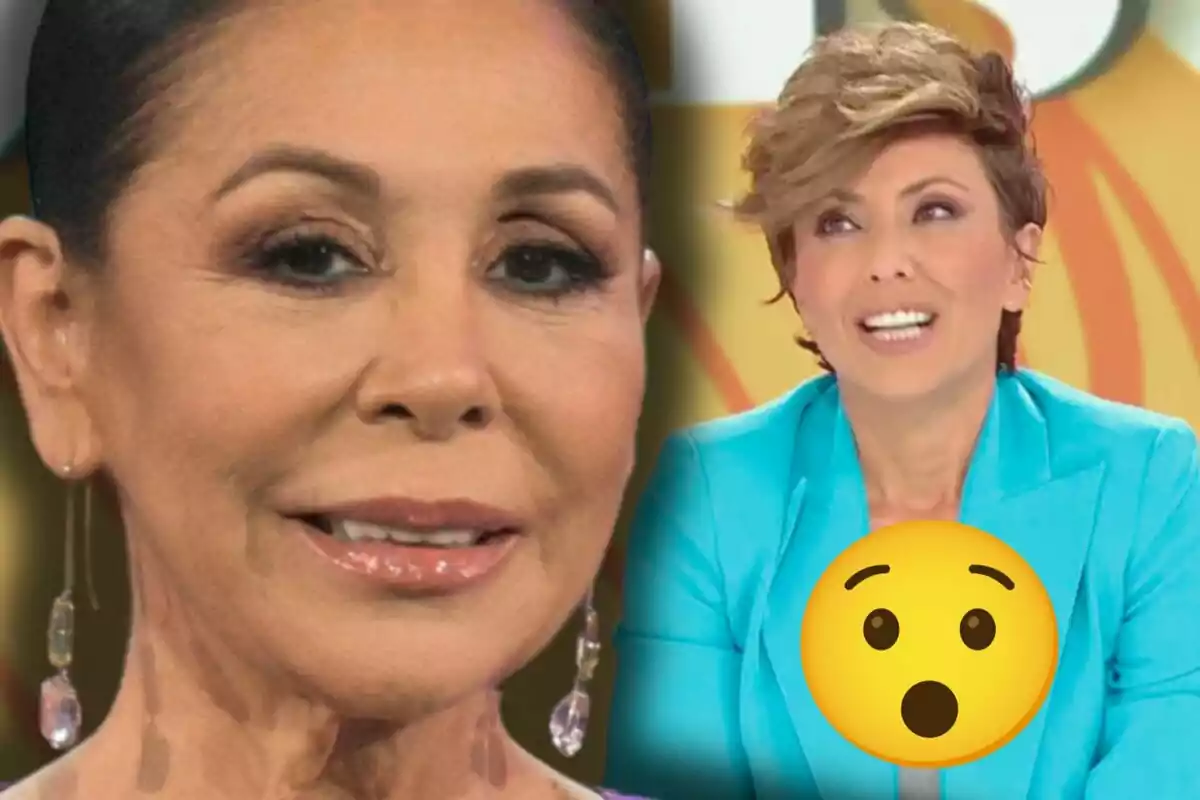 Isabel Pantoja y Sonsoles Ónega en un programa de televisión con un emoji sorprendido en primer plano.