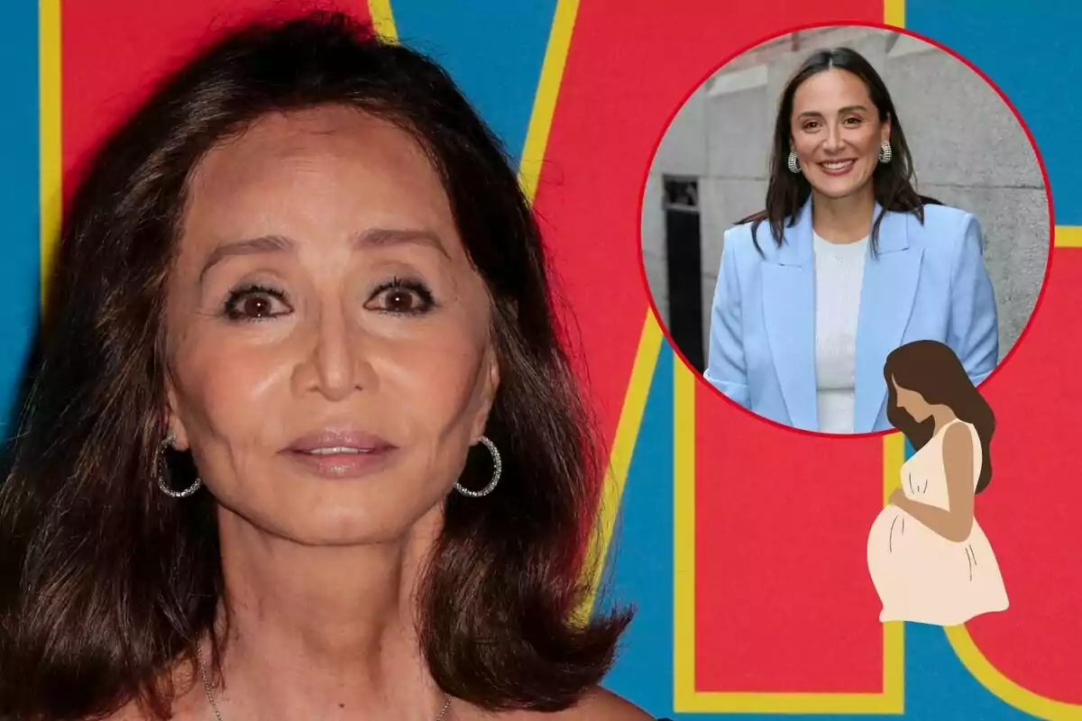 Isabel Preysler con cabello oscuro y aretes de aro posa frente a un fondo colorido. En la esquina superior derecha de la imagen, hay un círculo que contiene la foto de Tamara Falcó sonriendo, vestida con un blazer azul claro. Debajo de esta foto, hay una ilustración de una mujer embarazada.