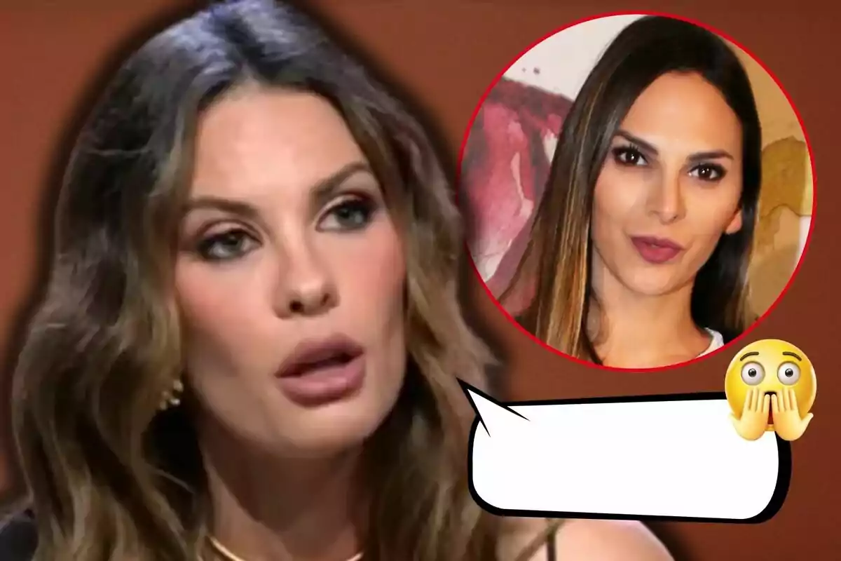 Jessica Bueno con expresión seria aparece en primer plano, mientras que en un círculo rojo se muestra a Irene Rosales con expresión neutral; hay un cuadro de diálogo vacío y un emoji sorprendido.