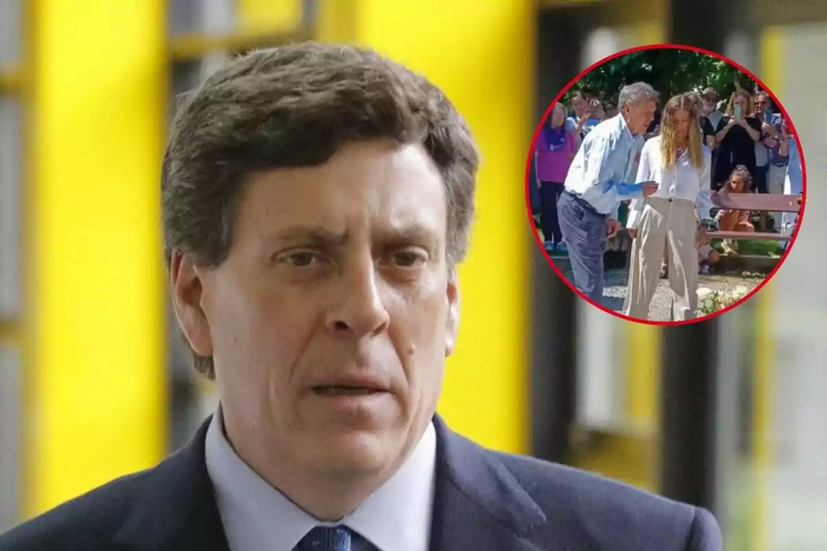 Juan Carlos Quer con traje y corbata aparece en primer plano con una expresión seria, mientras que en un círculo en la esquina superior derecha se muestra a él y su hija interactuando en un entorno al aire libre con varias personas observando en el fondo.