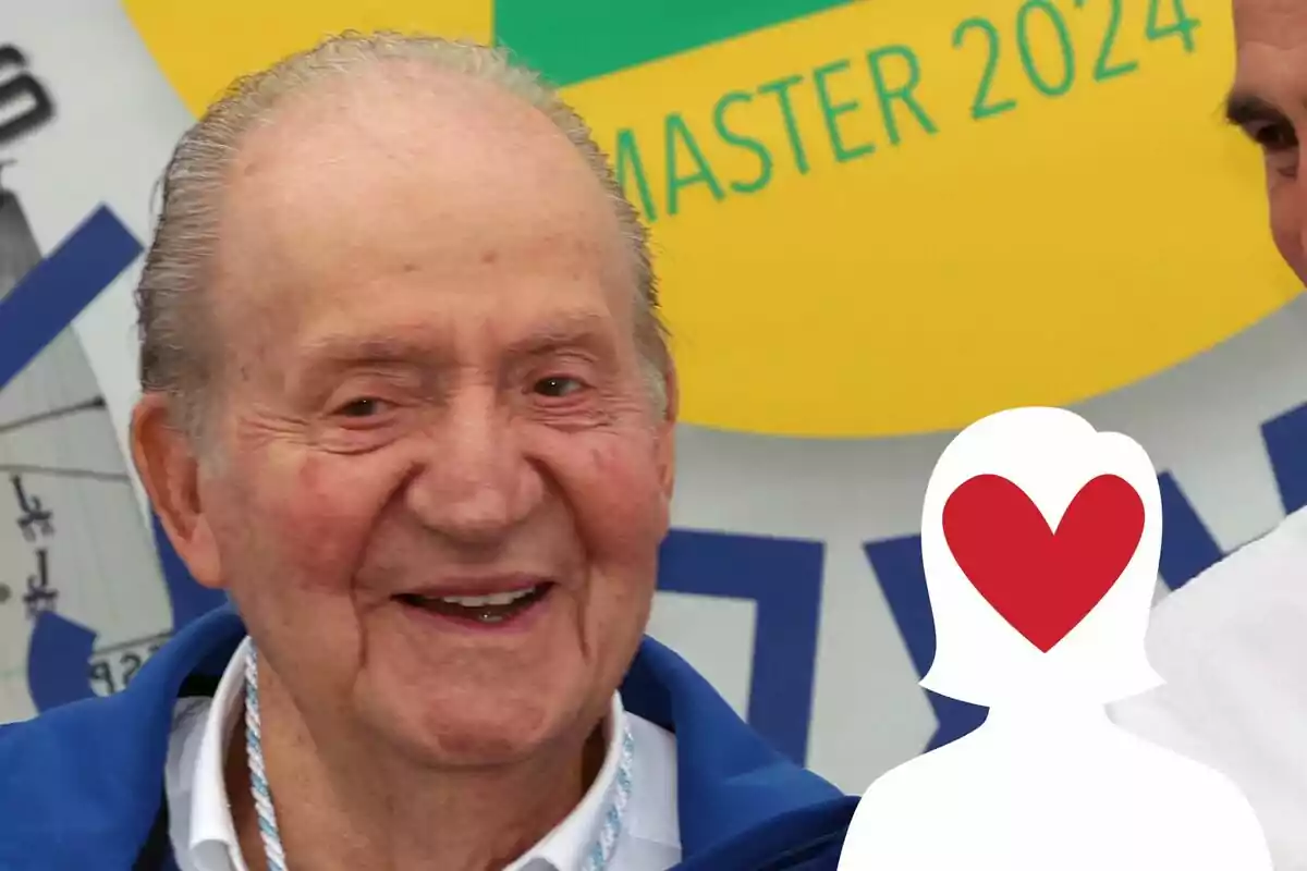 Juan Carlos I sonriendo con un fondo colorido y un gráfico de corazón sobre una silueta.