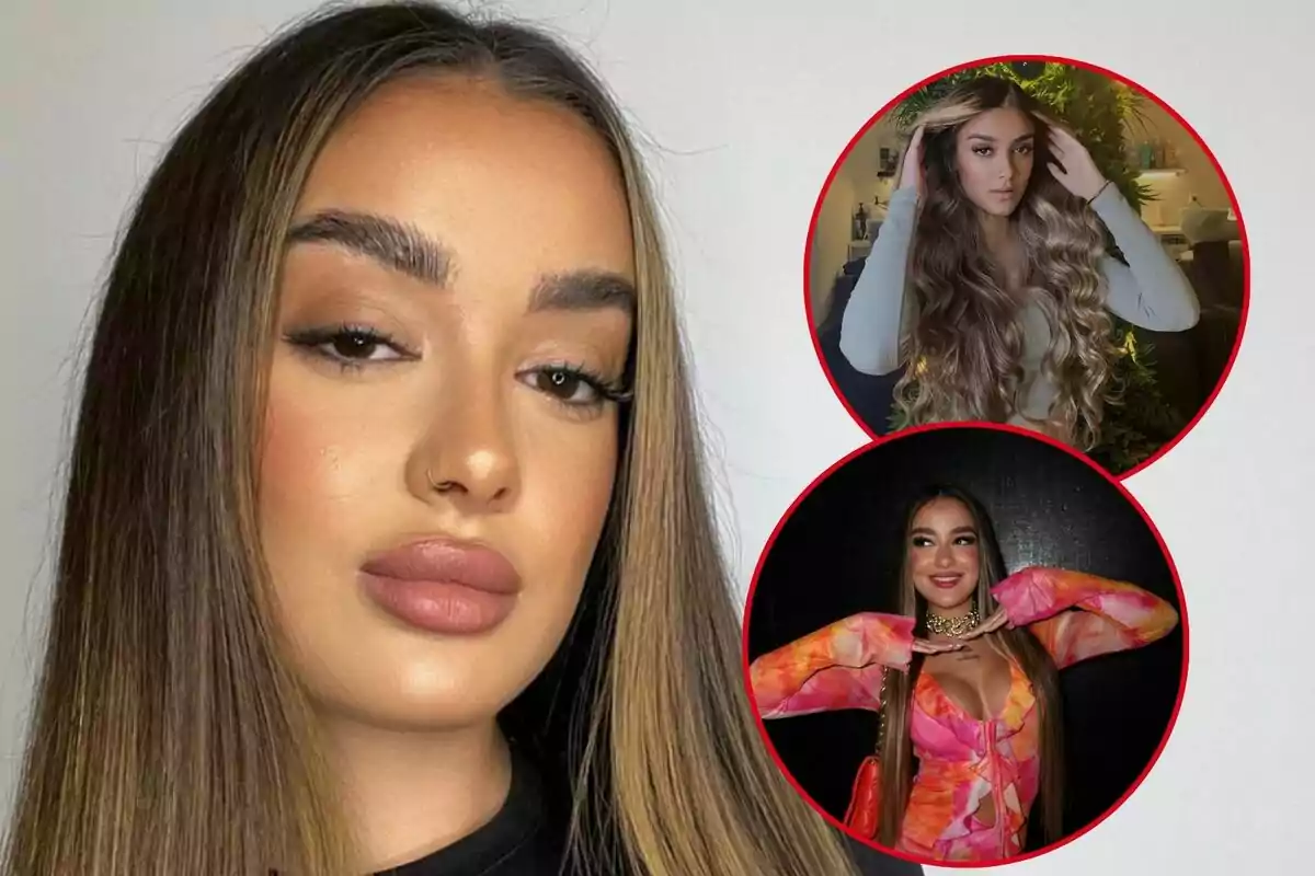 Primer plano de Julia Janeiro con cabello lacio y largo, con dos imágenes más pequeñas en la esquina superior derecha que muestran a la misma mujer con diferentes peinados y atuendos.