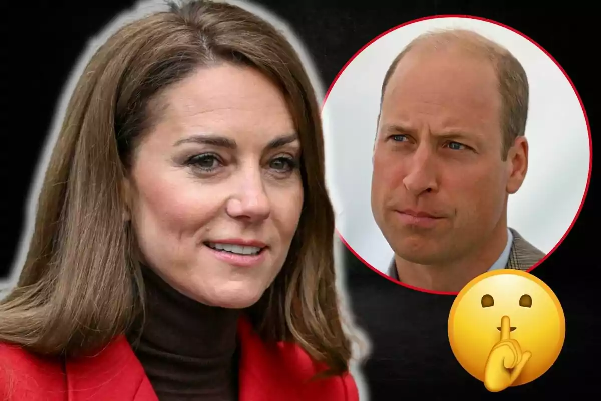 Kate Middleton con abrigo rojo en primer plano, al fondo un círculo con el rostro del príncipe Guillermo y un emoji de silencio