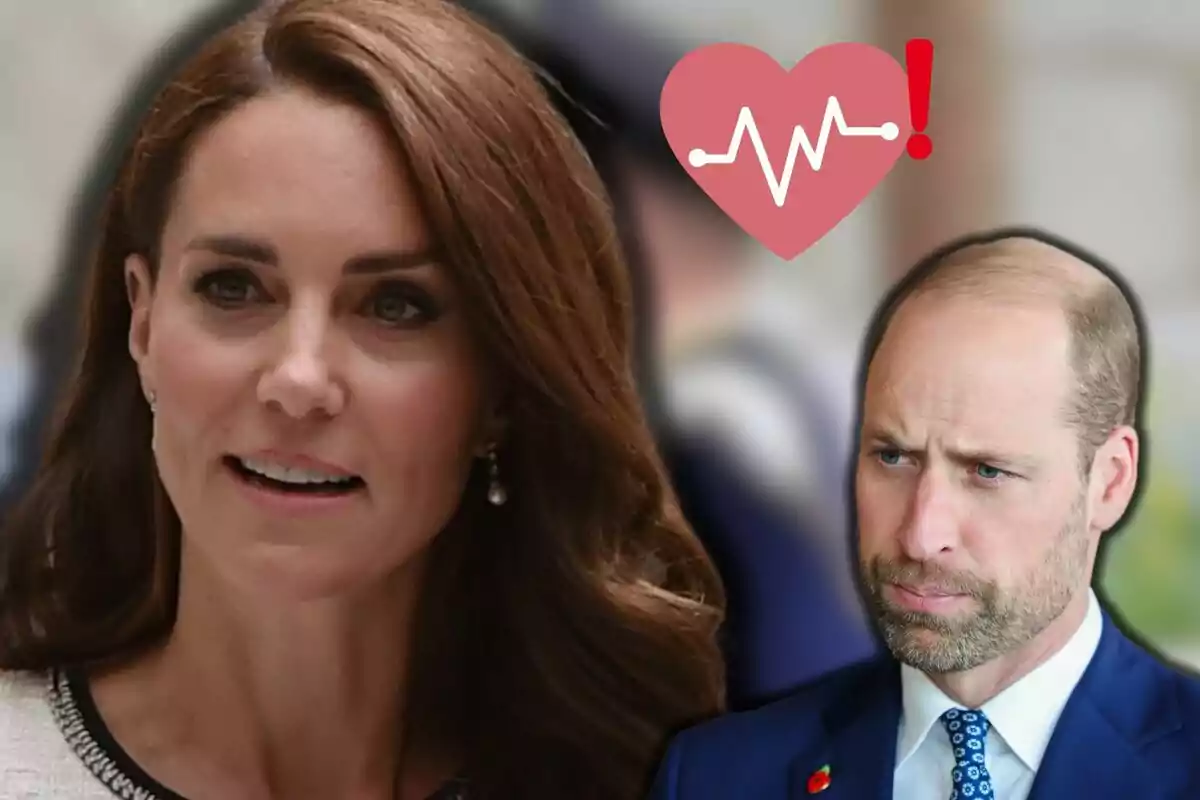 Kate Middleton y el príncipe Guillermo aparecen en la imagen, con un gráfico de corazón y un signo de exclamación en el fondo.