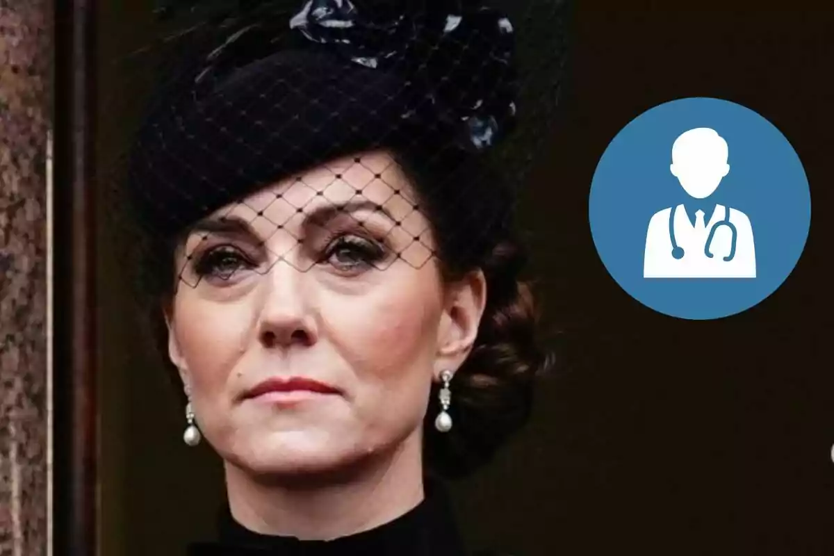 Kate Middleton con sombrero negro y velo, junto a un icono de médico en un círculo azul.