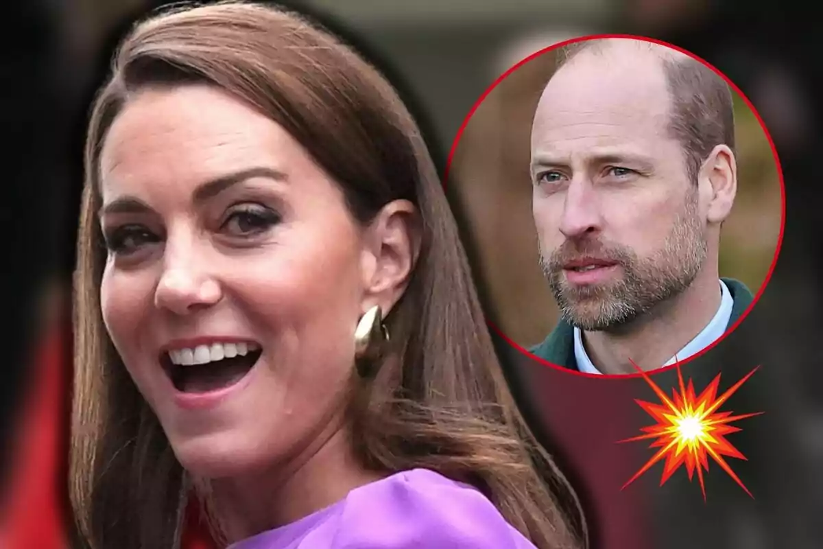 Kate Middleton sonriente con cabello castaño y aretes dorados, con el príncipe Guillermo en un círculo rojo en la esquina superior derecha.