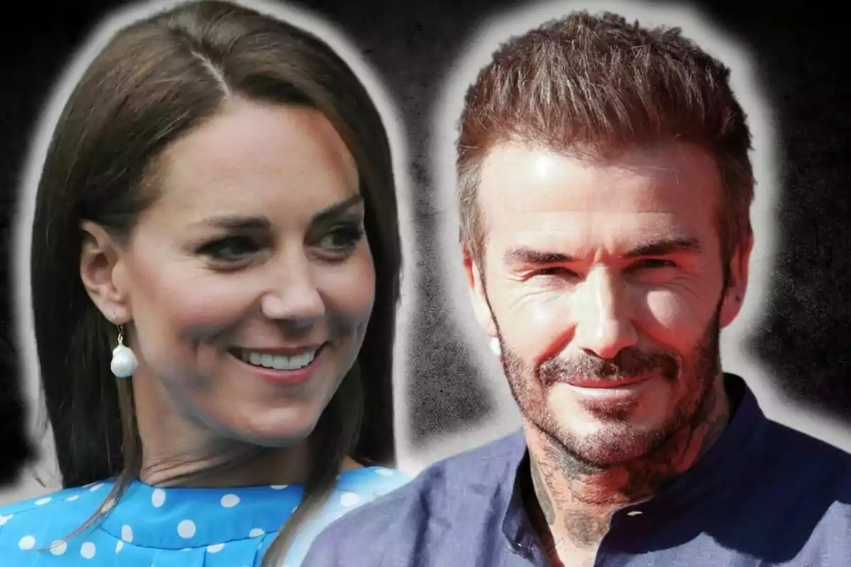 Kate Middleton y David Beckham sonrientes mirándose con un fondo oscuro.