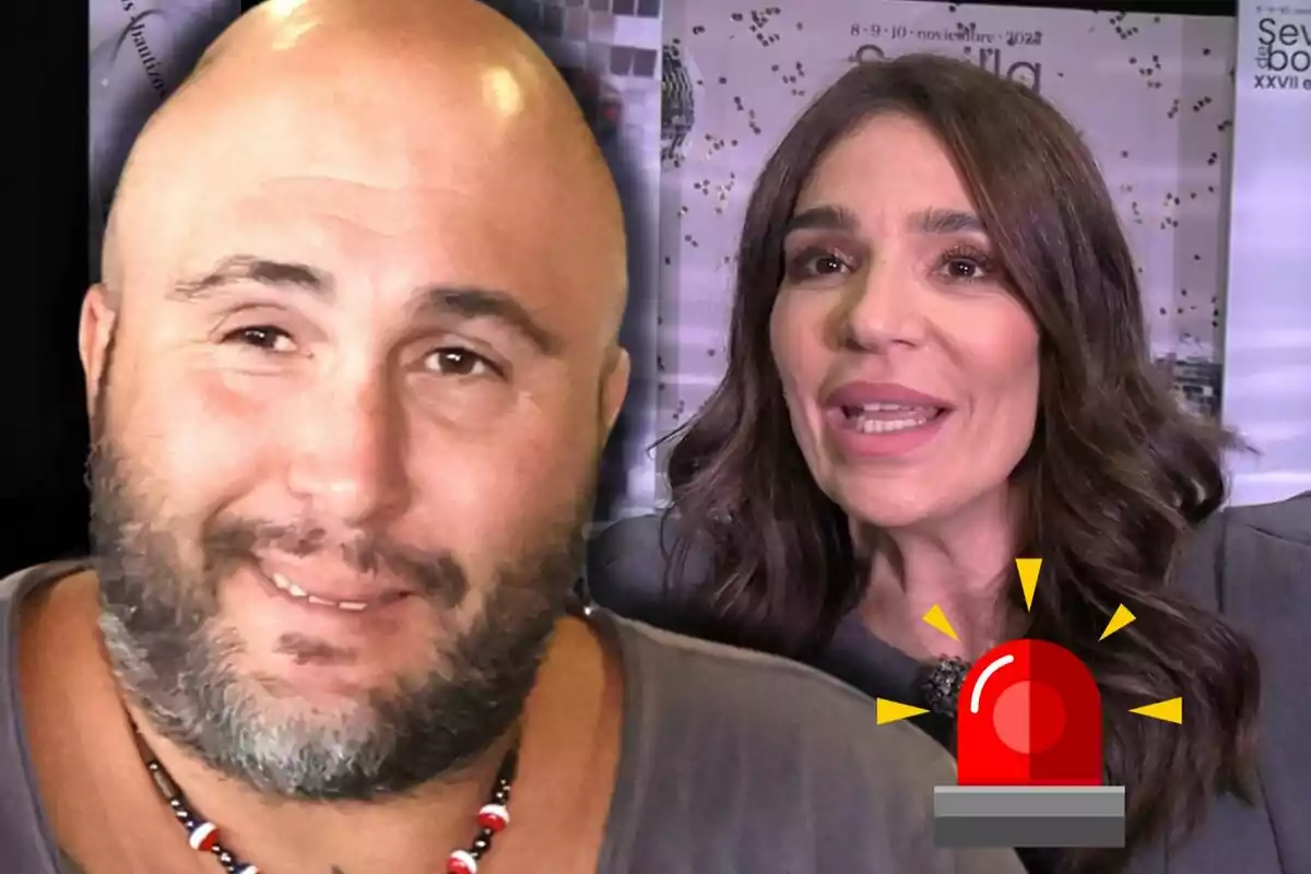 Kiko Rivera y Raquel Bollo aparecen juntos en primer plano con un icono de sirena de alarma roja en la esquina inferior derecha