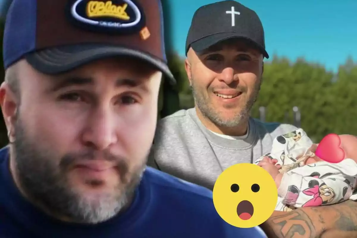 Kiko Rivera con gorra sonríe mientras sostiene a un bebé en brazos, con un emoji de cara sorprendida y un corazón cubriendo el rostro del bebé.