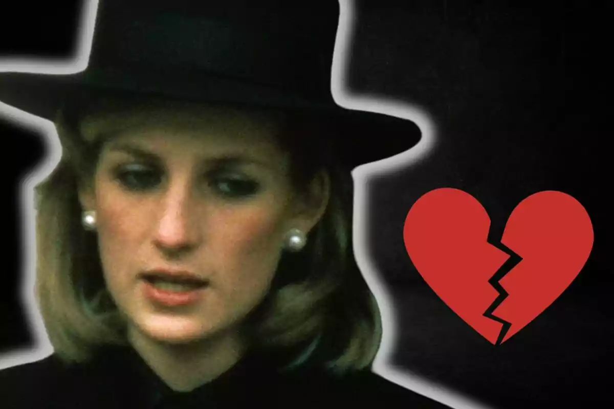 Mujer con expresión seria usando sombrero negro y aretes de perla junto a un dibujo de corazón roto rojo sobre fondo oscuro