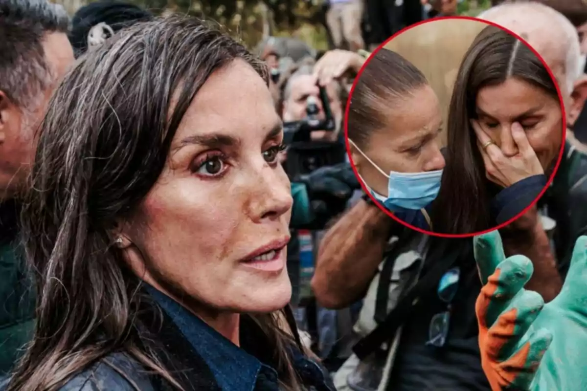 Letizia con expresión seria rodeada de personas y cámaras, con un recuadro que muestra a ella y Alicia, una de ellas con mascarilla.