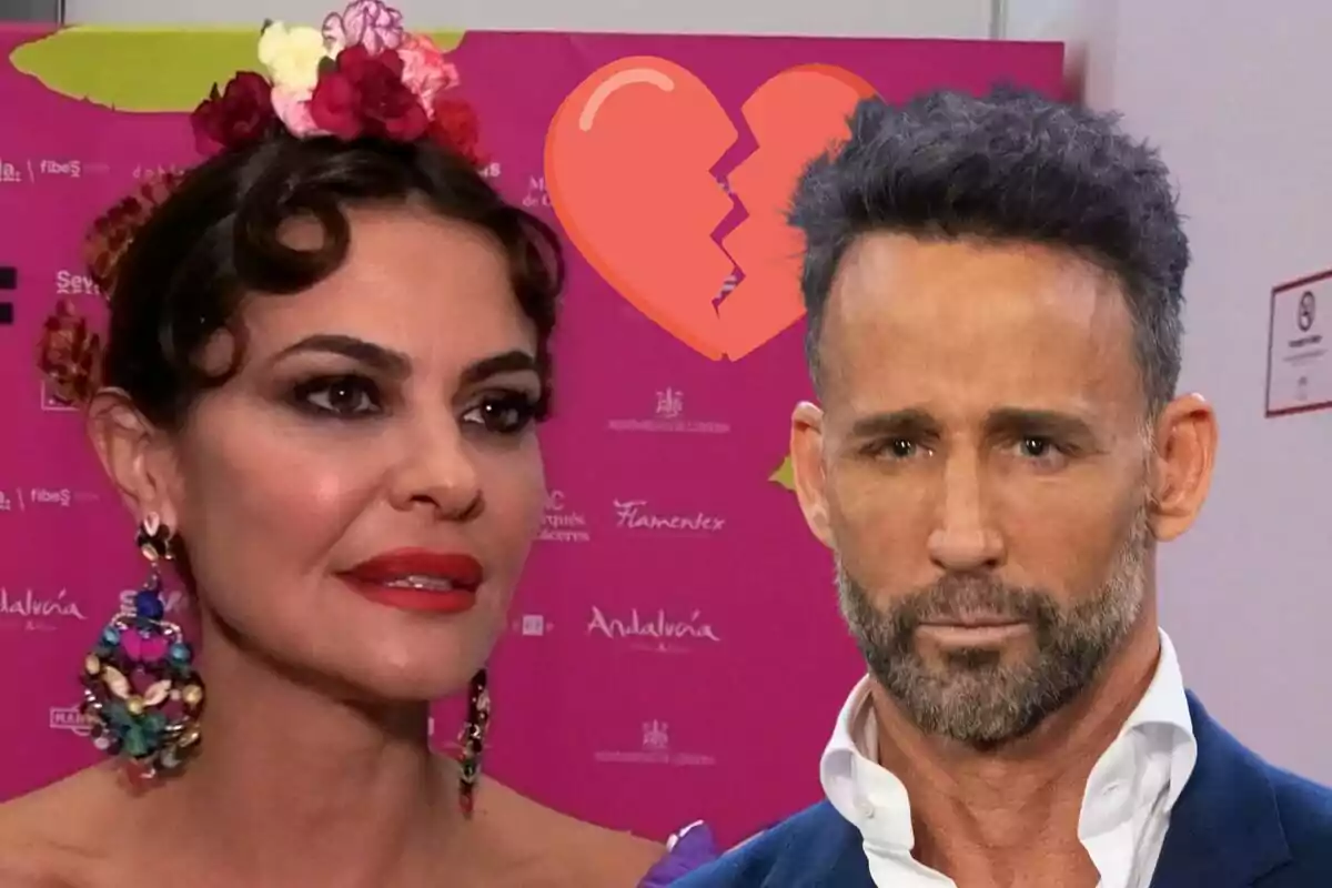 María José Suárez con un tocado de flores y Álvaro Muñoz Escassi con barba aparecen en la imagen, con un corazón roto en el fondo.