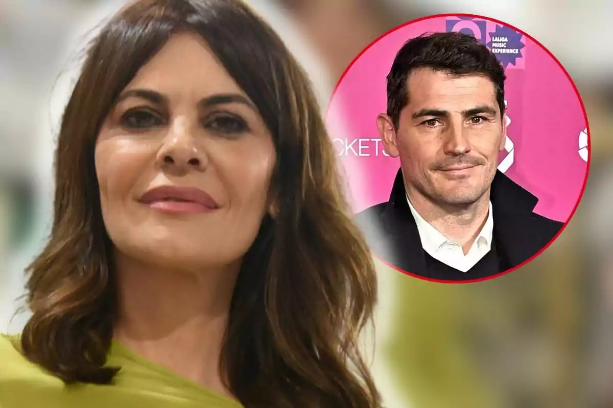 María José Suárez de cabello oscuro en primer plano con Iker Casillas en un recuadro circular al fondo sobre un fondo rosa.