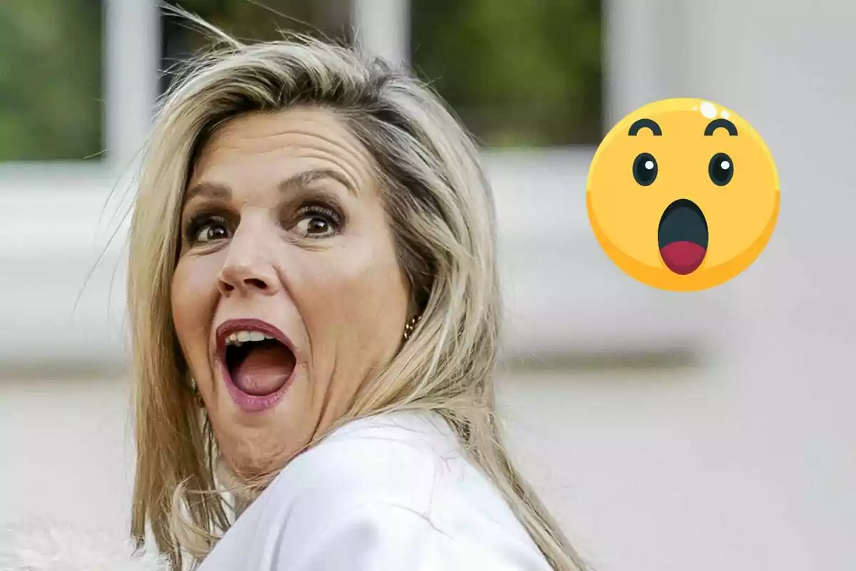 Máxima de Holanda con expresión de sorpresa junto a un emoji sorprendido.
