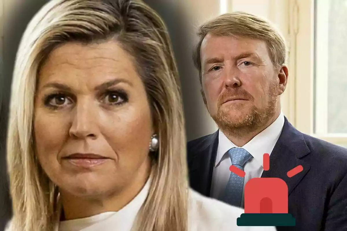 Primer plano de Máxima de Holanda con expresión seria y Guillermo de Holanda al fondo con un ícono de alarma roja en la esquina inferior derecha