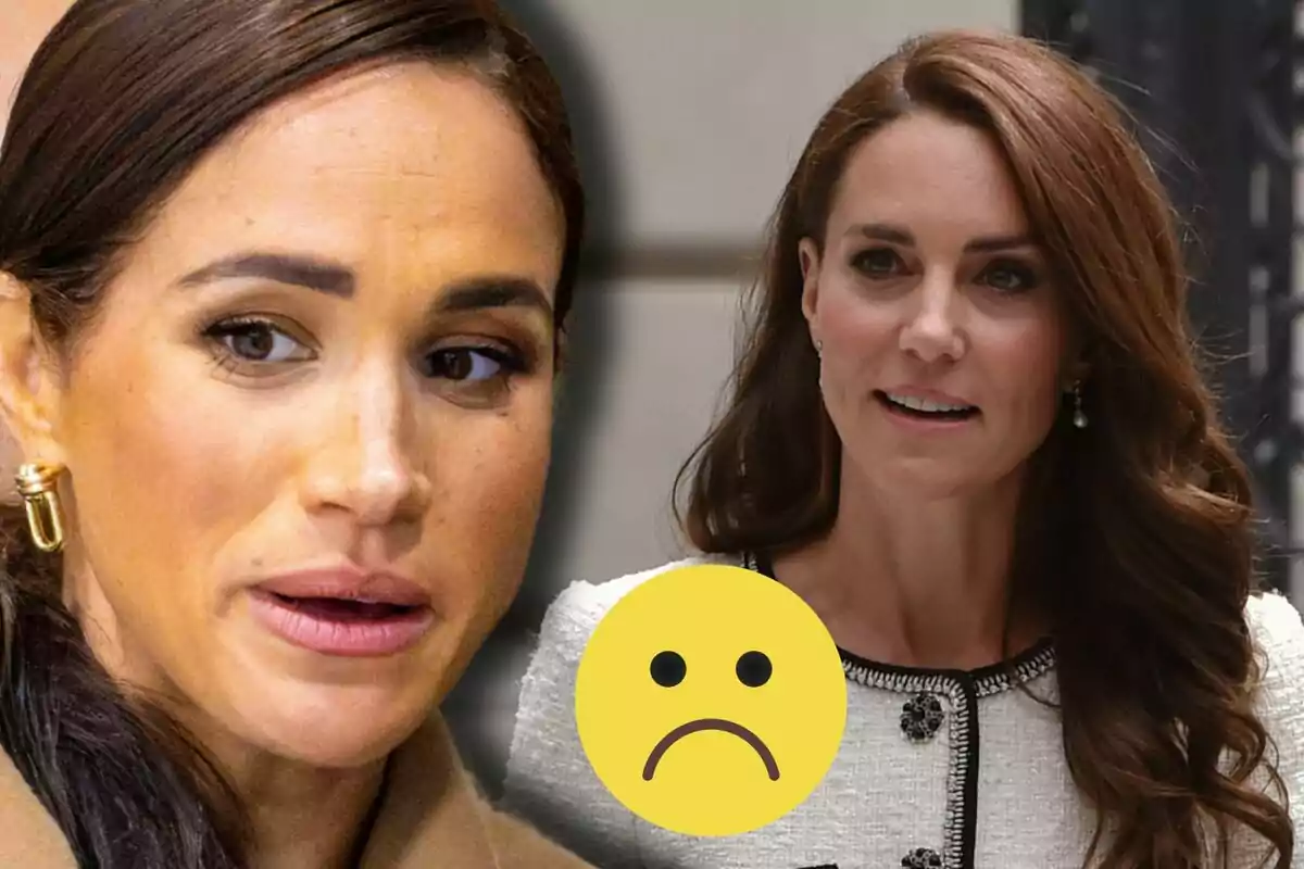 Meghan Markle y Kate Middleton con expresiones serias y un emoji amarillo de carita triste en el centro
