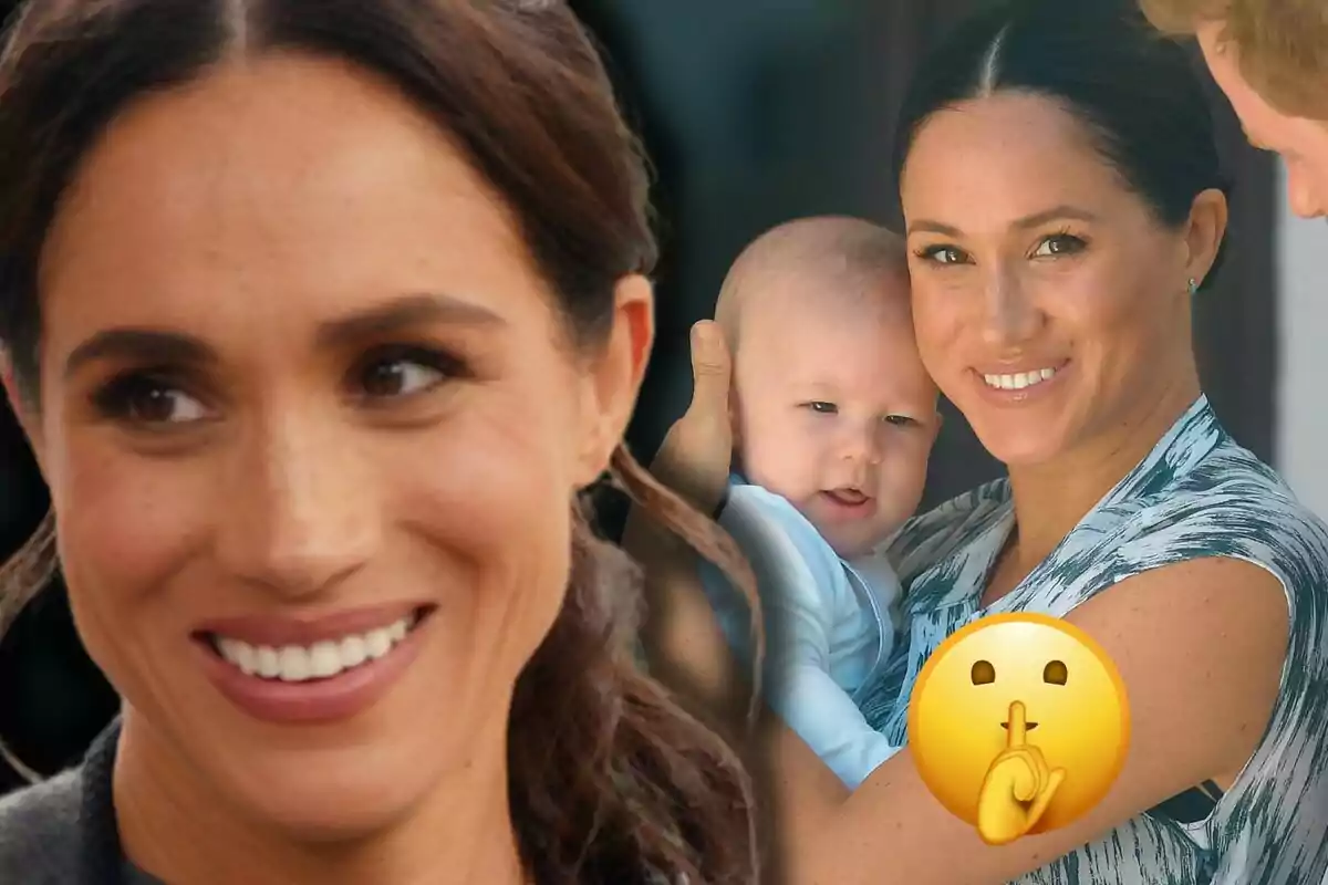Meghan Markle sonriente sostiene a Archie en brazos mientras un emoji de silencio cubre parte de la imagen.