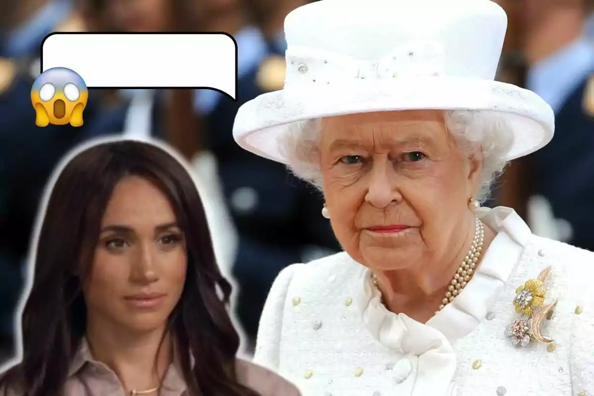 Meghan Markle con expresión seria y un emoji sorprendido junto a Isabel II vestida de blanco. Meghan Markle con expresión seria y un emoji sorprendido junto a Isabel II vestida de blanco.