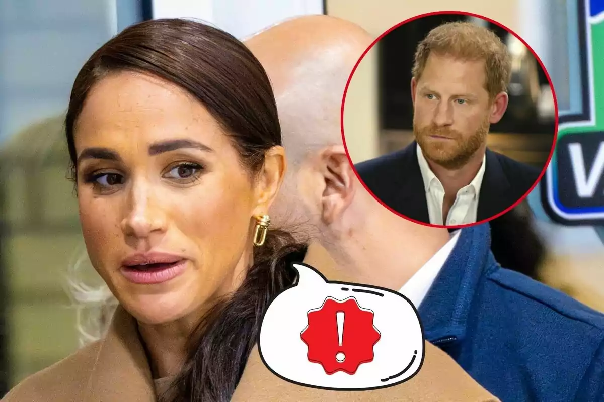 Meghan Markle con expresión seria en primer plano y el príncipe Harry en un círculo rojo en la esquina superior derecha.