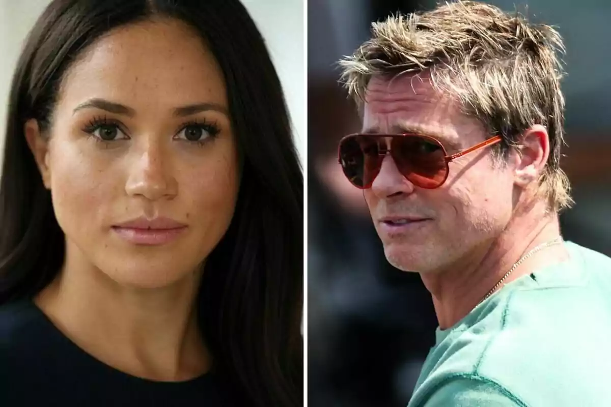 Meghan Markle y Brad Pitt en un montaje fotográfico, una mujer de cabello oscuro a la izquierda y un hombre con gafas de sol a la derecha. Meghan Markle y Brad Pitt en un montaje fotográfico, una mujer de cabello oscuro a la izquierda y un hombre con gafas de sol a la derecha.