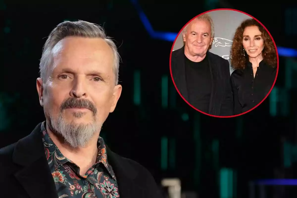 Miguel Bosé aparece en primer plano, mientras que en un círculo rojo en la esquina superior derecha se muestra a Víctor Manuel y Ana Belén posando juntos.