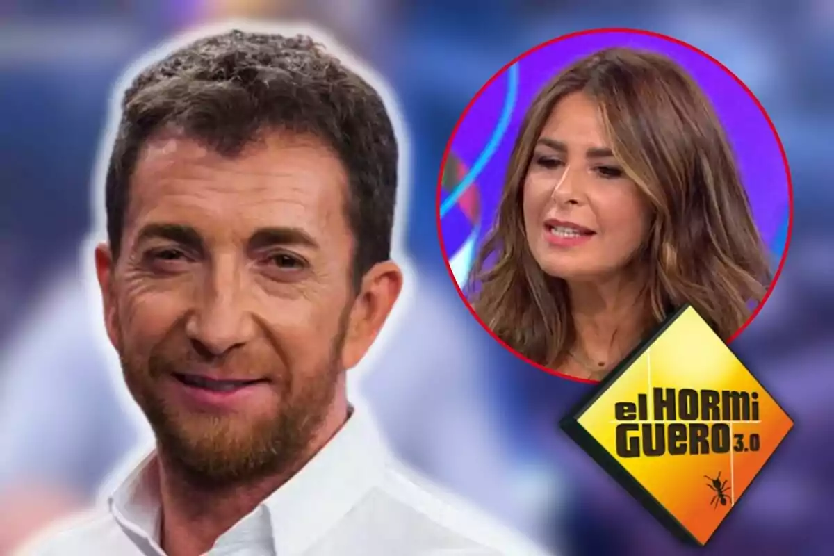 Pablo Motos sonriente con barba y cabello corto junto a Nuria Roca en un recuadro circular con el logo de "El Hormiguero 3.0" en la esquina.