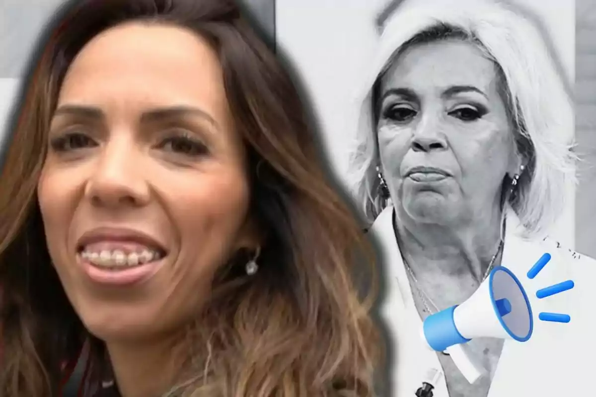 Paola Olmedo y Carmen Borrego en primer plano, una a color y otra en blanco y negro, con un megáfono azul en la esquina.