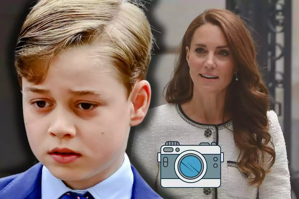 Prince George with a serious expression in the foreground and Kate Middleton in the background, both dressed formally, with a camera icon over the image.