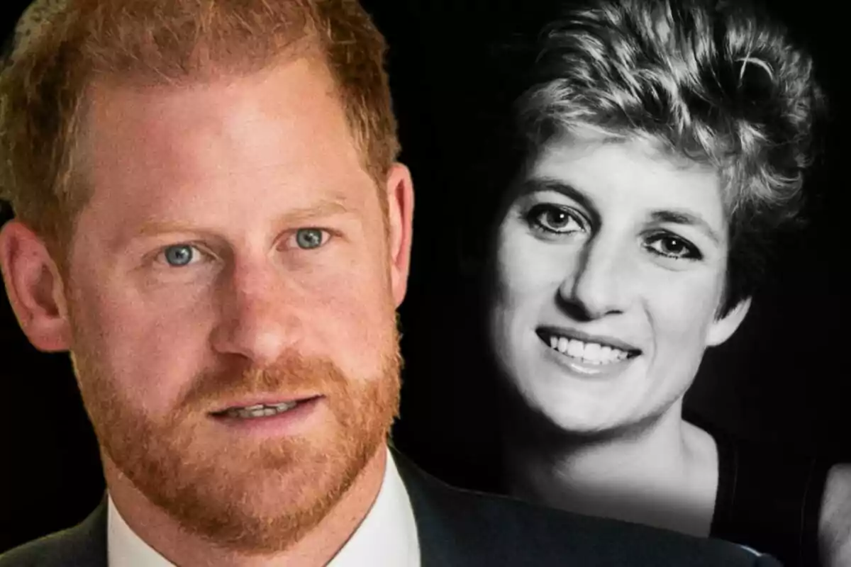 Montaje en primer plano del príncipe Harry y Lady Di en blanco y negro