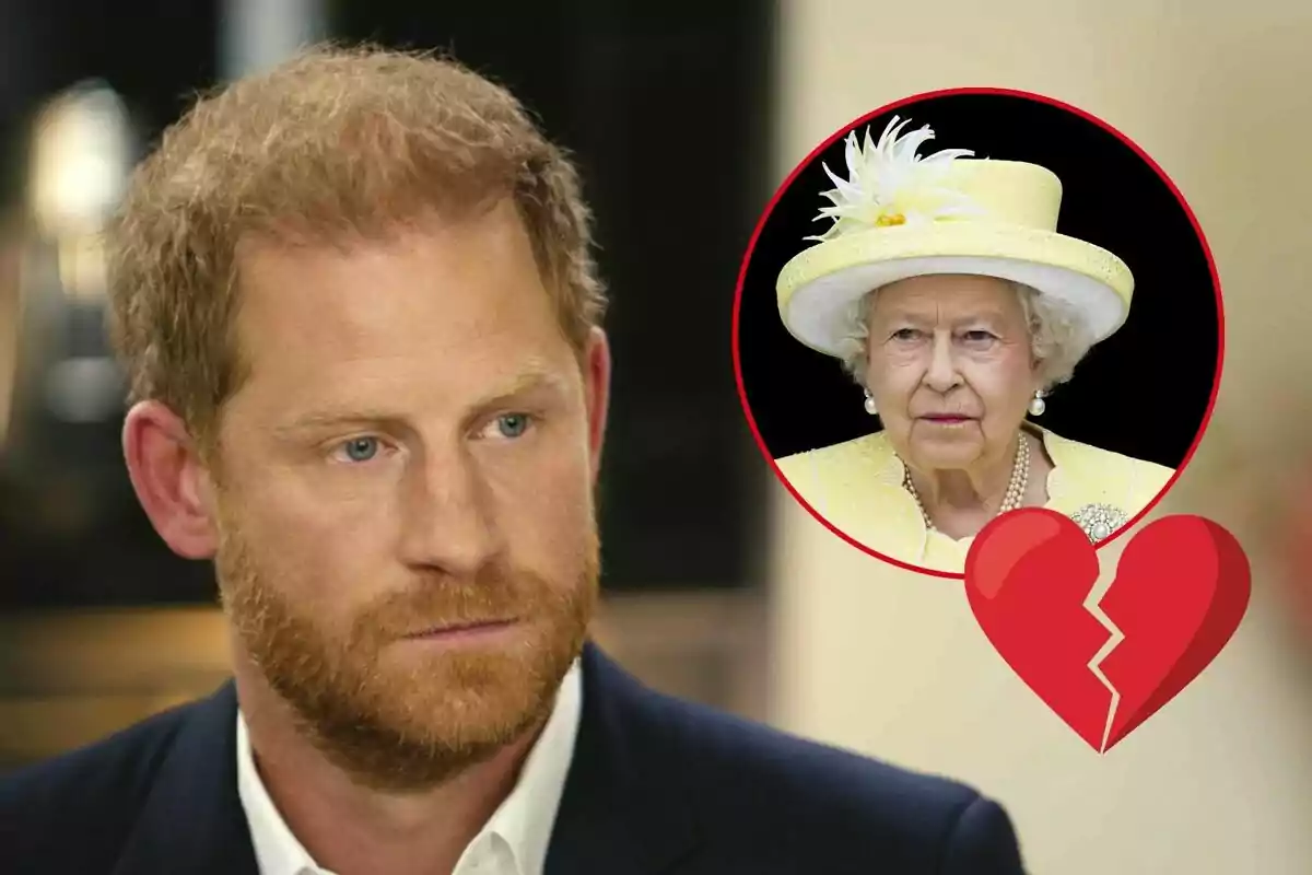 Príncipe Harry con expresión seria, con una imagen de la reina Isabel con sombrero amarillo en un círculo rojo y un corazón roto.