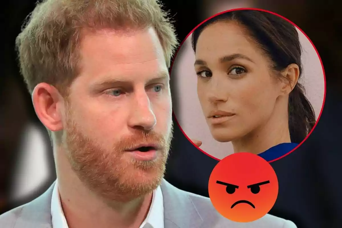 El príncipe Harry mira hacia un círculo que contiene la imagen de Meghan Markle, con un emoji de enojo superpuesto.