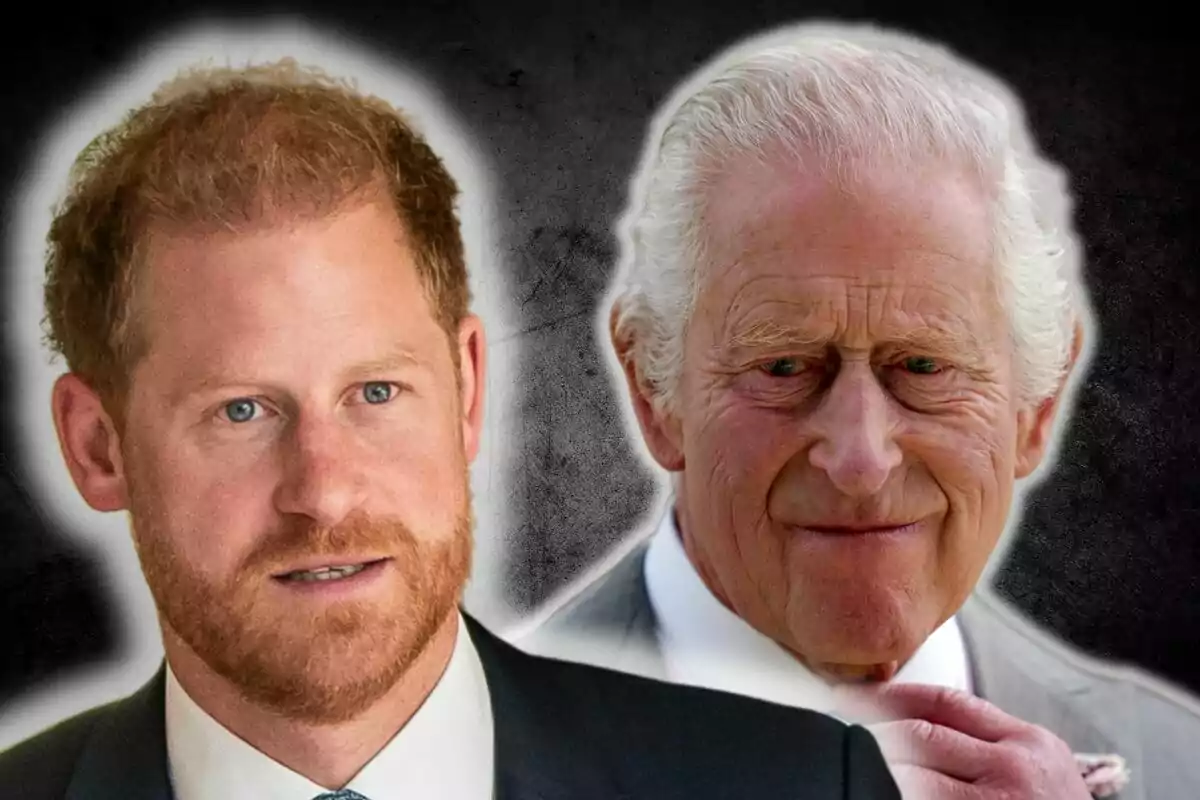 El príncipe Harry y Carlos III, uno con barba pelirroja y el otro con cabello canoso, posan juntos frente a un fondo oscuro. El príncipe Harry y Carlos III, uno con barba pelirroja y el otro con cabello canoso, posan juntos frente a un fondo oscuro.