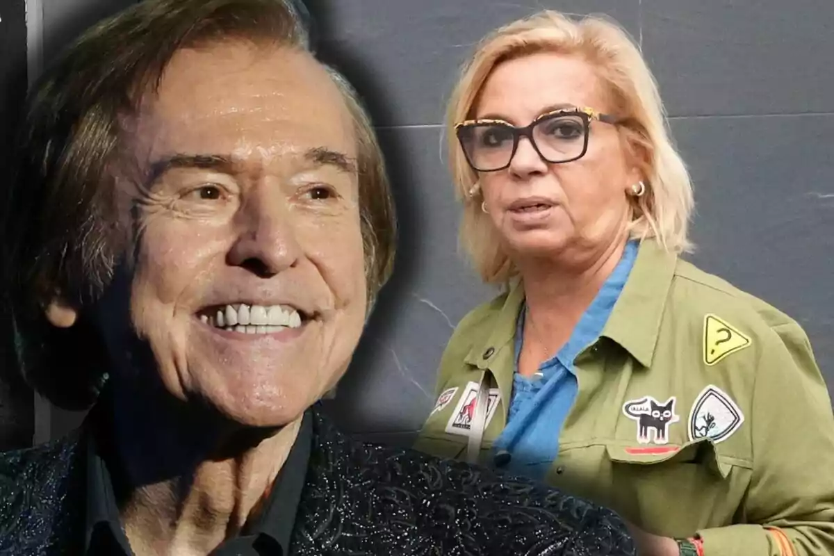 Raphael sonriente en primer plano y Carmen Borrego con gafas y chaqueta verde en el fondo