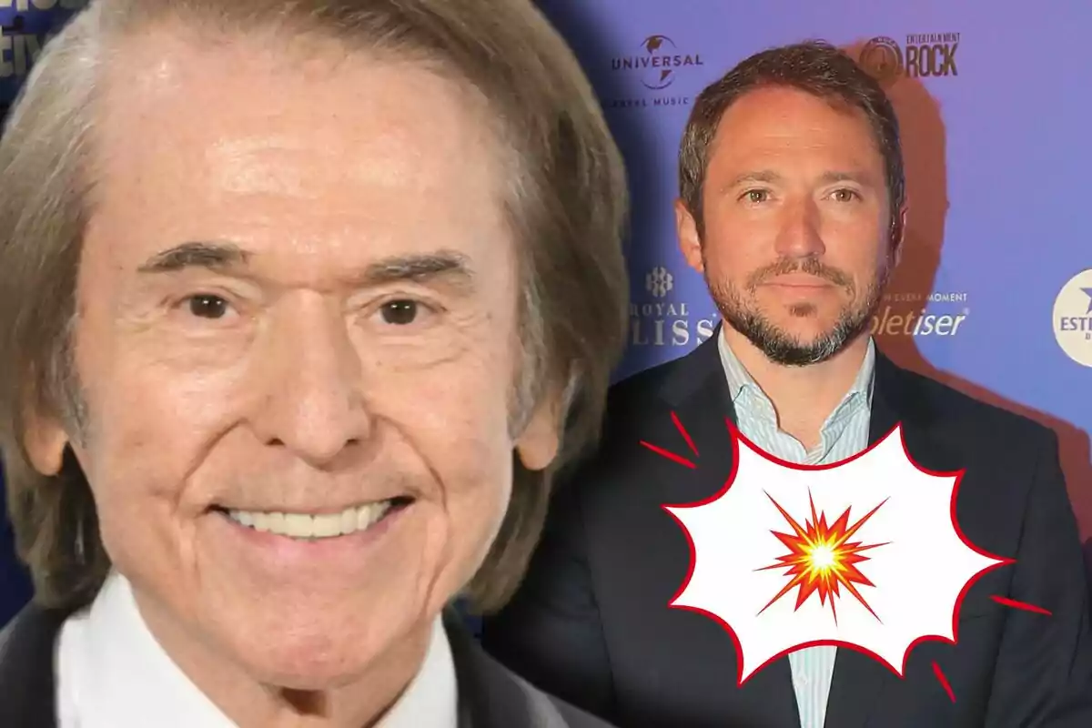 Raphael y Manuel Martos posan en un evento con un fondo azul que tiene logotipos de marcas y un gráfico de explosión en el centro.