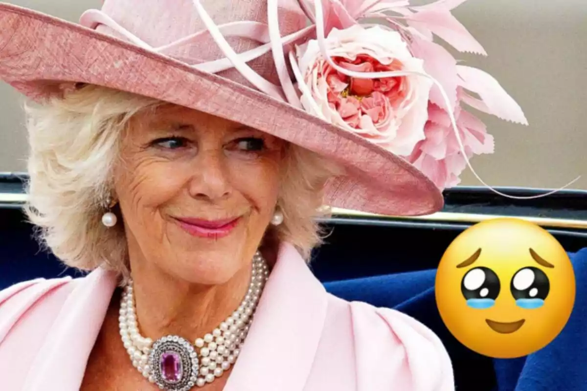 La reina Camila con un elegante sombrero rosa adornado con flores y un collar de perlas sonríe mientras está sentada en un vehículo, acompañada de un emoji con ojos brillantes y lágrimas de emoción.