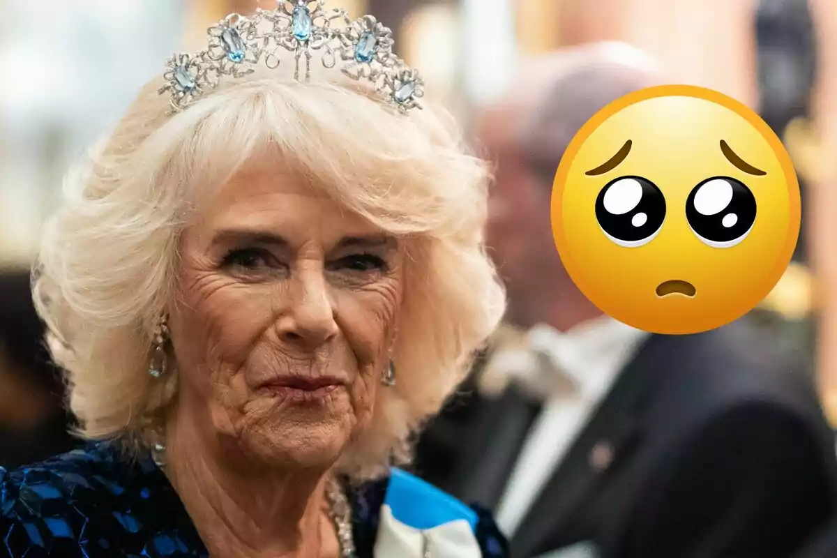 La reina Camila con una tiara adornada con piedras azules y un emoji de cara triste al lado.