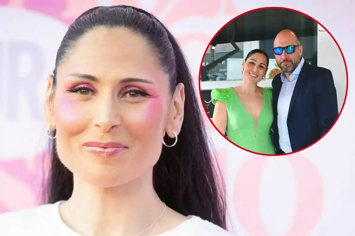 Rosa López con maquillaje brillante y aretes de aro posa frente a un fondo rosa, con un recuadro que muestra a la misma mujer junto a Iñaki García con gafas de sol.