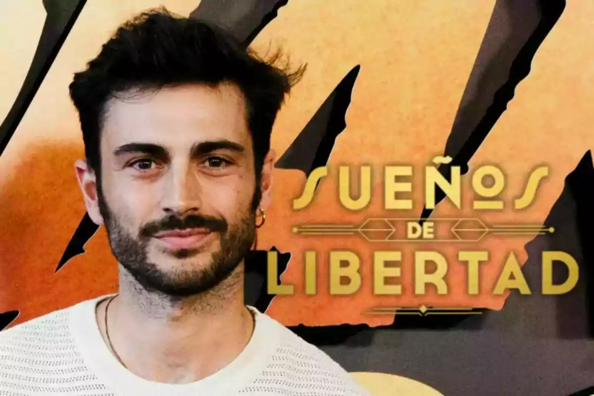 Rubén Bernal con barba y cabello oscuro frente a un fondo con el texto "Sueños de Libertad" en letras doradas.