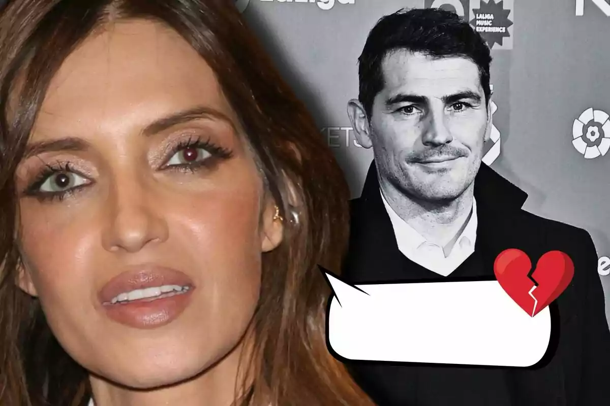 Sara Carbonero en primer plano y Iker Casillas en blanco y negro al fondo con un globo de diálogo vacío y un corazón roto.