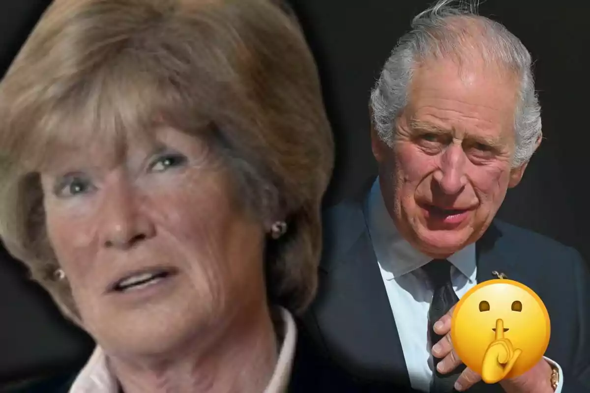 Sarah McCorquodale y Carlos III en traje, con un emoji de silencio sobre la mano del hombre.
