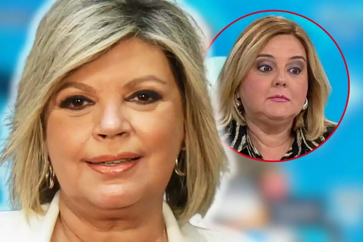 Terelu Campos y Pilar Vidal rubias con expresiones faciales diferentes en un fondo azul.