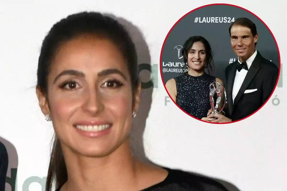 Xisca Perelló sonriente en primer plano con un recuadro que muestra a ella y Rafa Nadal posando con un trofeo en un evento.