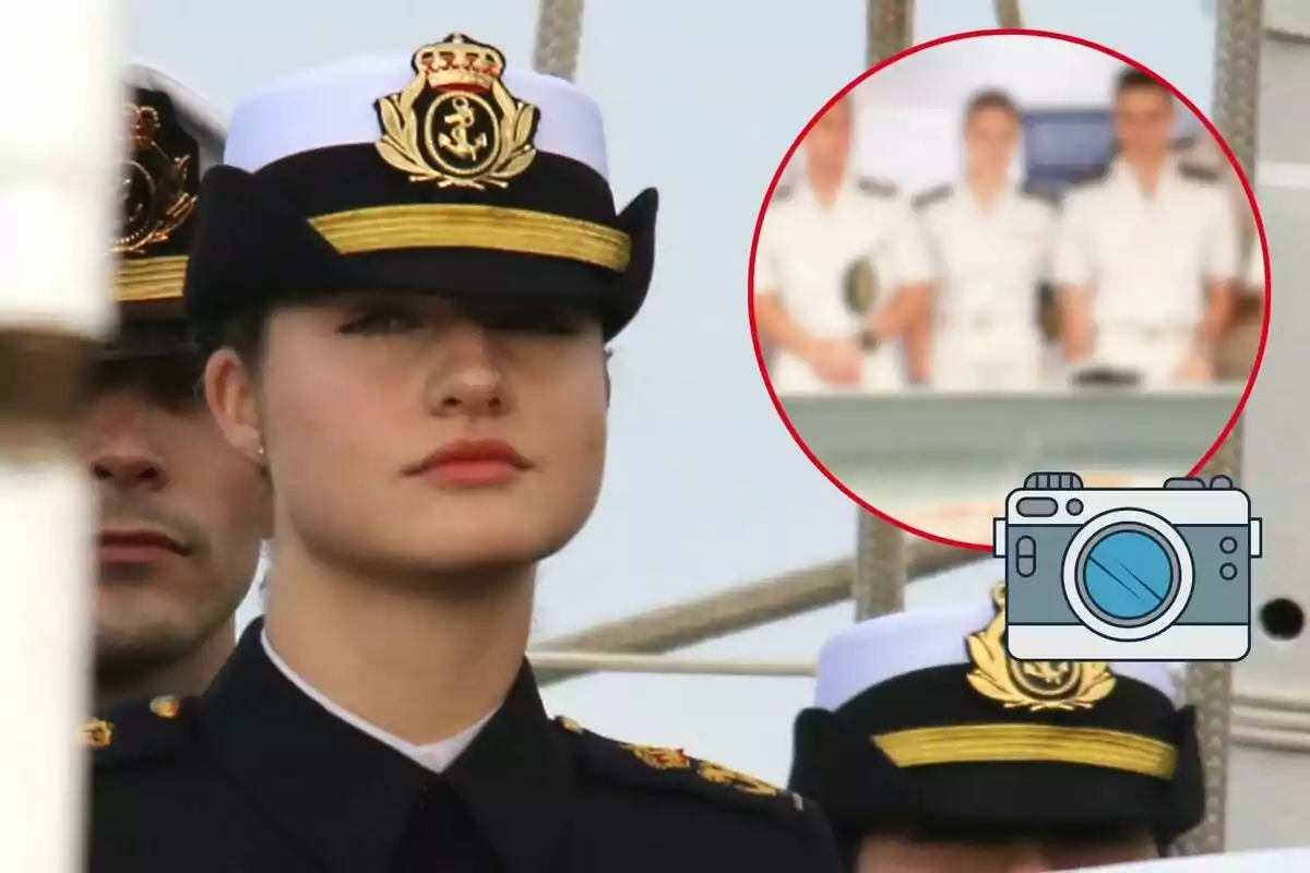 La princesa Leonor vestida con uniforme naval y gorra está de pie, con una expresión seria, mientras que en un recuadro se observa a otras personas también con uniformes blancos.
