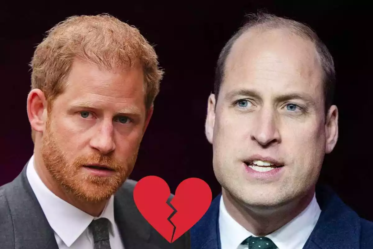 Montaje del príncipe Enrique y el príncipe Guillermo serios y en traje y un corazón roto Montaje del príncipe Enrique y el príncipe Guillermo serios y en traje y un corazón roto