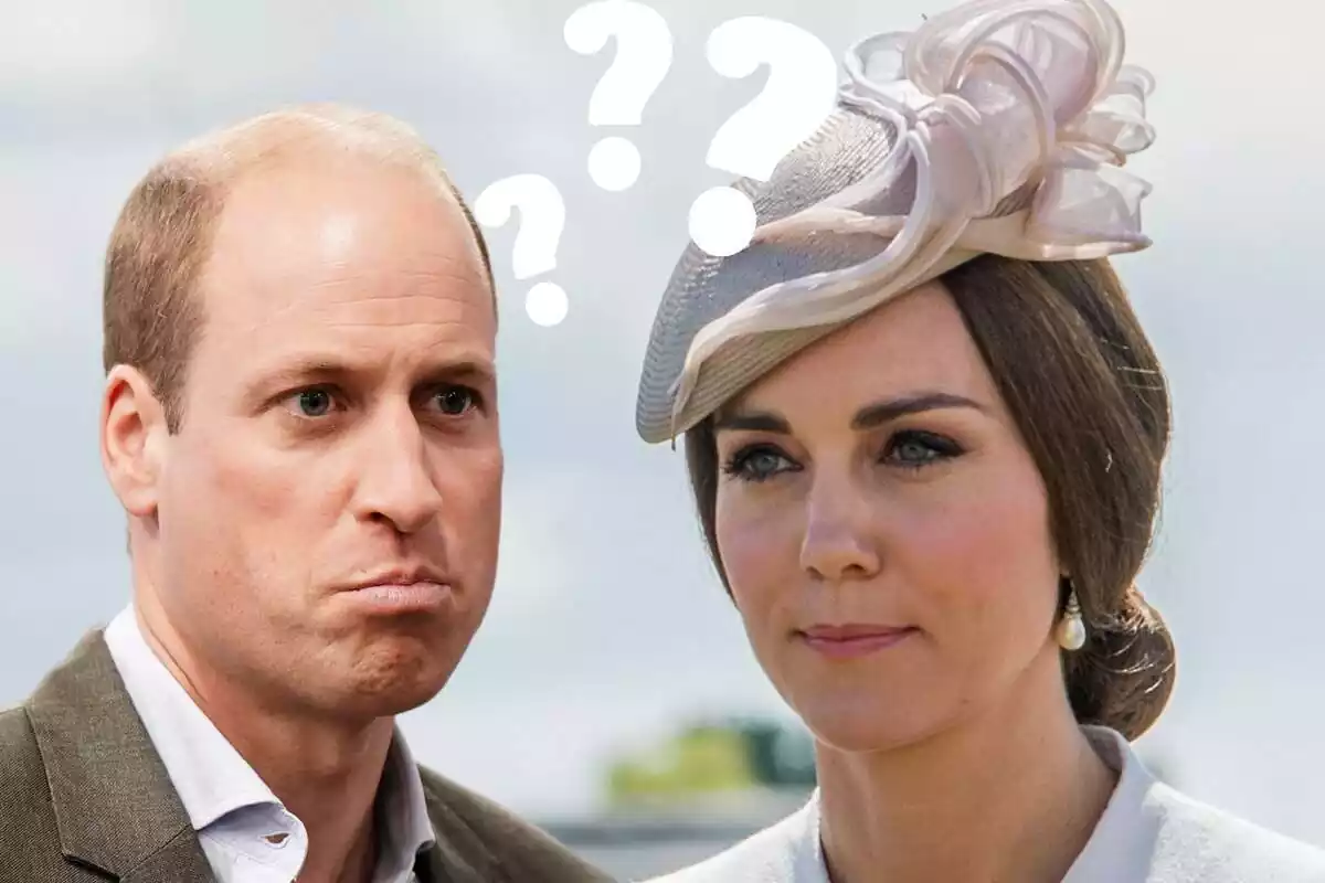 Montage of Prince William with a sad face, Kate Middleton serious with a white headdress and white questions