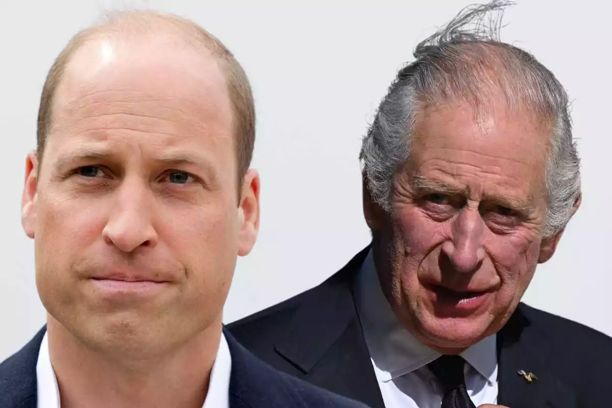Montaje del príncipe Guillermo y el rey Carlos III en traje y serios Montaje del príncipe Guillermo y el rey Carlos III en traje y serios