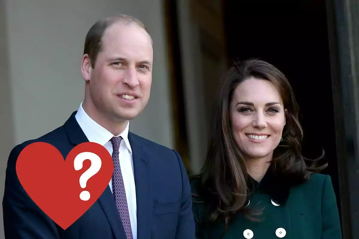 El príncipe Guillermo y Kate Middleton sonriente posando juntos, con un corazón rojo y un signo de interrogación superpuesto en la esquina inferior izquierda. El príncipe Guillermo y Kate Middleton sonriente posando juntos, con un corazón rojo y un signo de interrogación superpuesto en la esquina inferior izquierda.