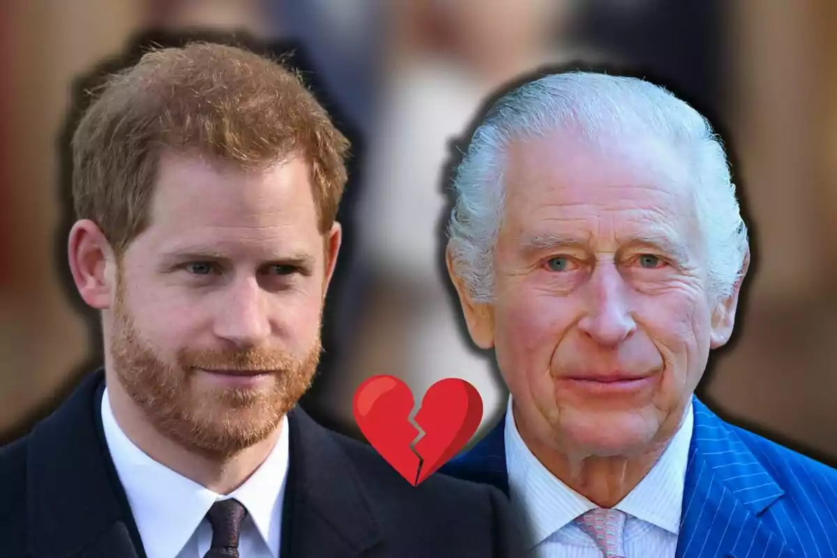 El príncipe Harry y Carlos III miran al frente con un corazón roto superpuesto entre ellos.