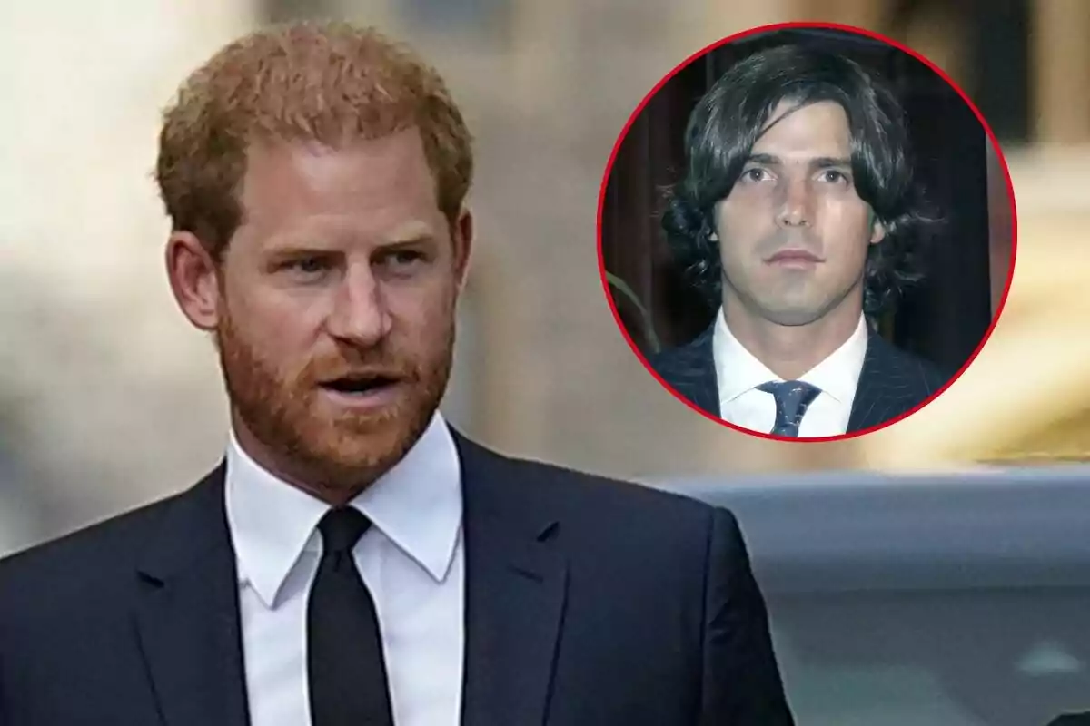 El príncipe Harry con barba y traje negro, con una imagen circular de Nacho Figueras de cabello oscuro y traje en la esquina superior derecha.