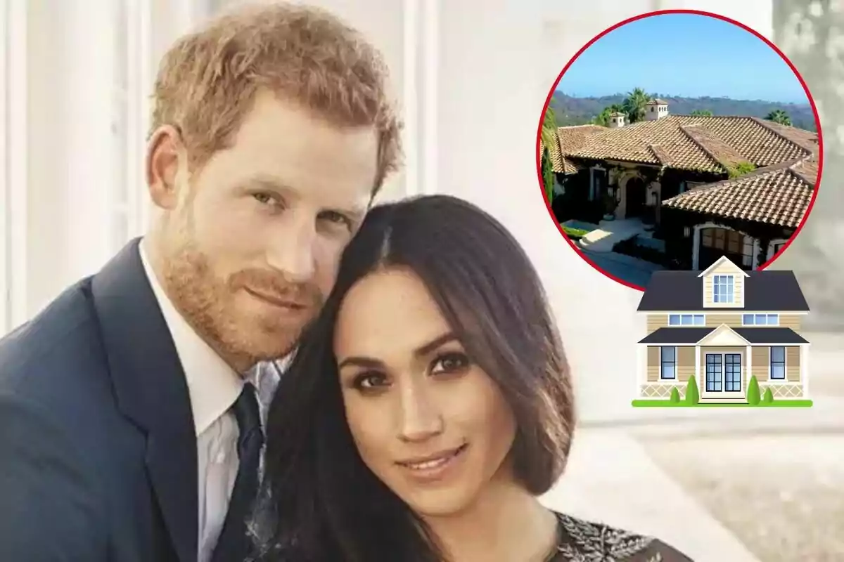 El príncipe Harry y Meghan Markle posando juntos con una imagen de una casa en un círculo rojo en la esquina superior derecha y un ícono de una casa en la parte inferior derecha.